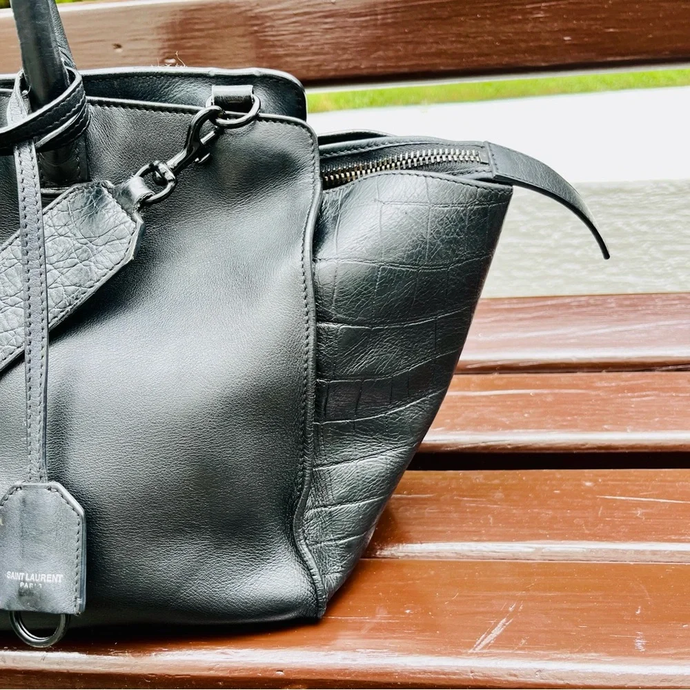 Saint Laurent Black Croc Embossed Leather Baby Downtown Cabas Tote